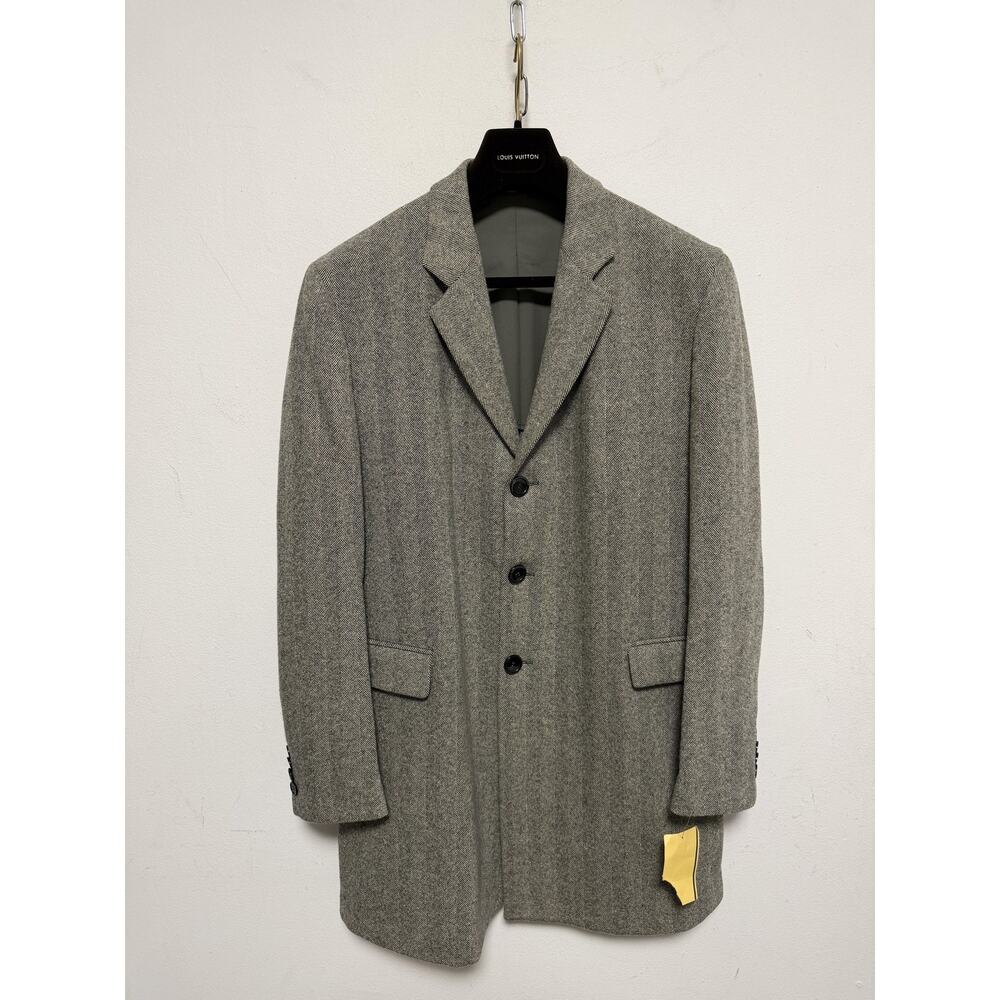 Messagerie Coat Mens 52 Gray Herringbone Wool 3/4 Length Overcoat Made In Italy
